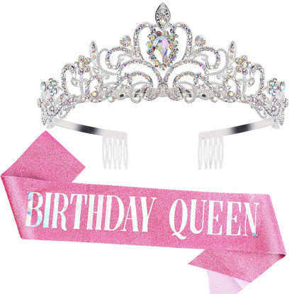 Picture of "Birthday Queen" Sash & Crystal Tiara Kit COCIDE Birthday Silver Tiara and Crowns for Women Sash for Girls Pink Birthday Decorations Set Rhinestone Headband Hair Accessories Glitter Sash for Party