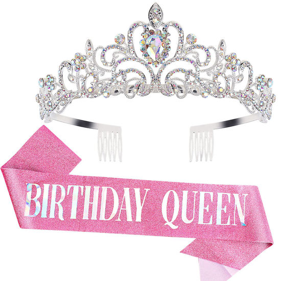 Picture of "Birthday Queen" Sash & Crystal Tiara Kit COCIDE Birthday Silver Tiara and Crowns for Women Sash for Girls Pink Birthday Decorations Set Rhinestone Headband Hair Accessories Glitter Sash for Party