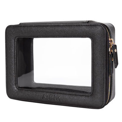 Picture of Aveniee Clear Makeup Bag Organizer, Portable Travel Toiletry Cosmetic Bag Case for Women, Heavy Duty Make Up Pouch with Transparent Vinyl Windows & Gold Zippers(Black)