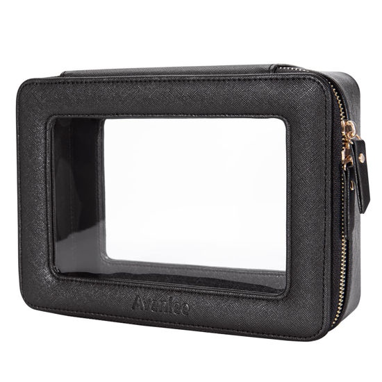 Picture of Aveniee Clear Makeup Bag Organizer, Portable Travel Toiletry Cosmetic Bag Case for Women, Heavy Duty Make Up Pouch with Transparent Vinyl Windows & Gold Zippers(Black)