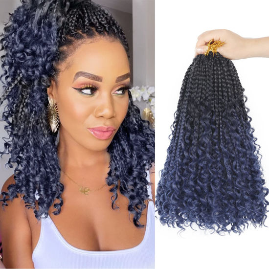 Picture of Goddess Box Braids Crochet Hair With Curly Ends 14 Inch Bohomian Box Braids Crochet Braids 8 Packs 3X Crochet Braids Synthetic Braiding Hair Extension for Black Women (14 Inch (Pack of 8), MDark Blue)