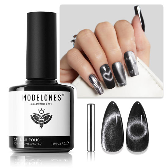 Picture of modelones Cat Eye Gel Nail Polish, 15 ML Black Color Holographic 9D Cat Eye Glitter Black Gel Polish Black Nail Polish with Magnet Soak Off Led Mani Nail Art Gel DIY Salon Gift