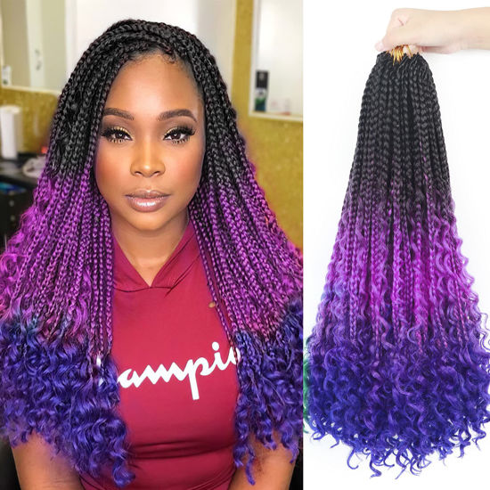 Picture of Goddess Box Braids Crochet Hair With Curly Ends 18 Inch Bohomian Box Braids Crochet Braids 8 Packs 3X Crochet Braids for Black Women (18 Inch (Pack of 8), M1B purple Blue)