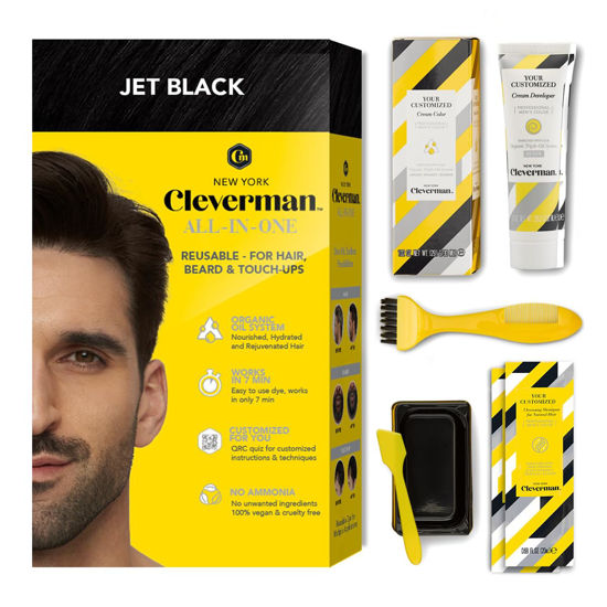 Picture of CLEVERMAN Jet Black Hair & Beard Dye for Men, All-in-One Reusable Kit - Permanent, Ammonia-Free, Professional-Quality and Natural-Looking Gray Coverage for Hair, Beard & Mustache