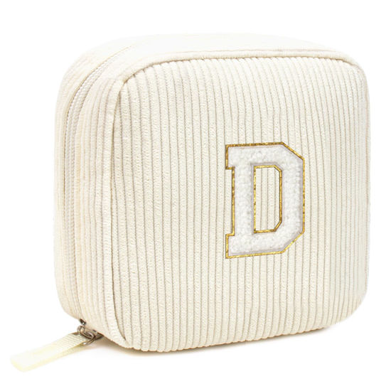 Picture of Cute Pink Initial Make Up Bag Travelling, Personalized Makeup Bag with Zipper Mini Makeup Pouch Travel Accessories Birthday Gift Friends Female Mom Teacher Sweet Gifts Daughter Gifts (Letter D, Beige)