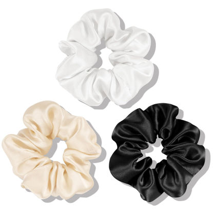 Picture of OLESILK 100% Mulberry Silk-Scrunchies for Hair Sleep, Women Grils Silk Hair Ties for Frizz & Breakage Curly Hair, No Damage, Elastics Ponytail Holder, 3 Pack