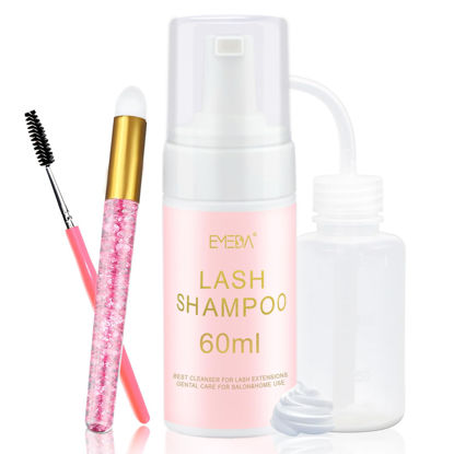 Picture of EMEDA Lash Shampoo for Lash Extensions 60ml / 2 fl.oz Eyelash Extension Cleanser Oil Free Foam Soap Lash Bath for Cluster Lashes Wash Oil Dustcare, Gentle Lash Cleaning Kit with Rinse Bottle Brush