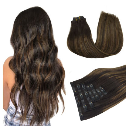 Picture of DOORES Clip in Hair Extensions Real Human Hair Invisible Edge, Dark Brown to Chestnut Brown 16 Inch 130g 7pcs, Virgin Hair Extensions Clip in Hair Extensions, Straight Natural Hair