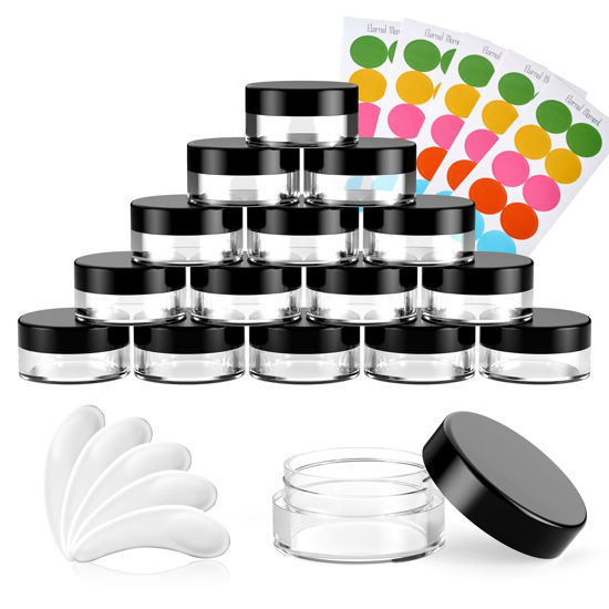 Picture of 50 Pack 3 Gram Sample Containers with Lids, Small Plastic Cosmetic Jars, Makeup Travel Container Jar for Cream, Bead, Eye Shadow, Jewelry, Lotions, Powders, Glitters Lip Gloss with Labels,Spatulas