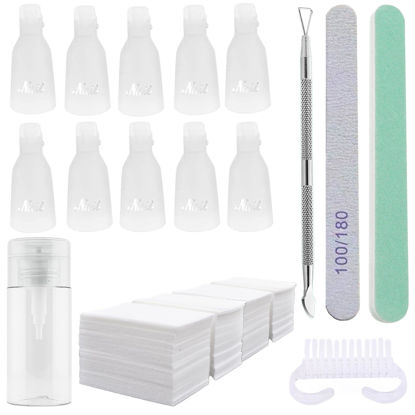 Picture of Ponjowl Gel Nail Polish Remover Kit with 10pcs White Nail Polish Remover Clips Cap, Acetone Nail Dispenser Bottle, Polish Cuticle Pusher, 400 PCS Cotton Pads, Handle Brushes, Nail File, Buffer Block.