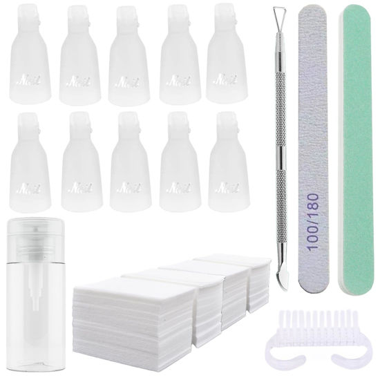Picture of Ponjowl Gel Nail Polish Remover Kit with 10pcs White Nail Polish Remover Clips Cap, Acetone Nail Dispenser Bottle, Polish Cuticle Pusher, 400 PCS Cotton Pads, Handle Brushes, Nail File, Buffer Block.