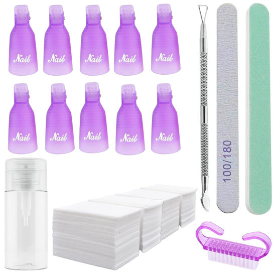 Picture of Ponjowl Gel Nail Polish Remover Kit with 10pcs purple Nail Polish Remover Clips Cap, Dispenser Bottle,Gel Polish Cuticle Pusher, 400 PCS Cotton Pads, Buffer Block, Handle Brushes, Nail File.