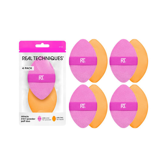 Picture of Real Techniques Miracle 2-In-1 Powder Puff 4 Pack, Dual-Sided, Full Size Makeup Blending Puff, Reversible Elastic Band, Makeup Sponge & Powder Puff, For Liquid, Cream & Powder Products, Cruelty-Free