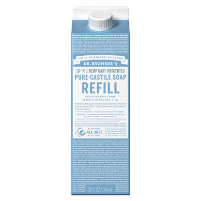 Picture of Dr. Bronner's Pure-Castile Liquid Soap Refill - Made with Regenerative Organic Certified Oils, 82% Less Plastic - 18-in-1 Uses, For Face, Body Wash, Hand Soap Refill & More Baby Unscented, 32oz