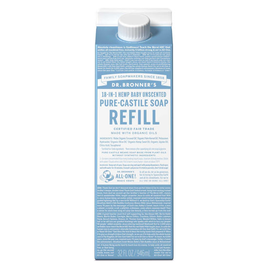 Picture of Dr. Bronner's Pure-Castile Liquid Soap Refill - Made with Regenerative Organic Certified Oils, 82% Less Plastic - 18-in-1 Uses, For Face, Body Wash, Hand Soap Refill & More Baby Unscented, 32oz