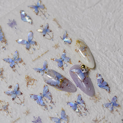 Picture of Butterfly Nail Art Stickers Decals 5D Butterfly Nail Stickers Blue Seashell Shinny Butterfly Nails Design 5D Embossed Nail Decals Butterfly Stickers for Women Girl DIY Manicure Nail Art Decorations