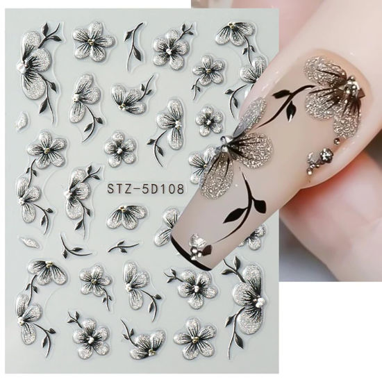 Picture of Flower Nail Art Stickers Decals 5D Embossed Flower Nail Decals Nail Art Supplies Watercolor Ink Floral Leaf Petal Design Summer Nails Adhesive Sliders Flower Stickers for Women Nail Art Decorations