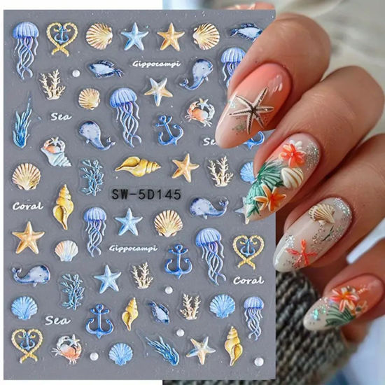 Picture of 5D Embossed Ocean Life Nail Art Stickers Decals Self Adhesive Seashell Starfish Nail Decals Sea Creature Designs Summer Nail Stickers Marine Life Manicure Sliders for Women DIY Nail Art Decorations