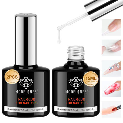 Picture of modelones 9 in One Nail Glue Base Coat Nail Polish Set Brush On Gel Nail Glue 15 ml for Rhinestone, False Nails, Base Gel, Blooming Nail Art Gel Nail Kit for Acrylic Nails U V Lamp Needed