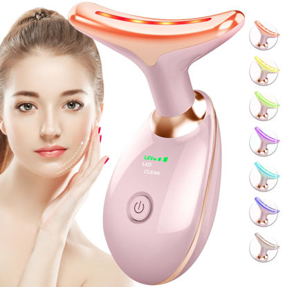 Picture of SDKWDH Red-Light-Therapy-for-Face-and-Neck, 7 Color Face Massager Tool for Wrinkles, Double Chin, Vibrating Facial Massager with Thermals for Skin Care, Glossy Pink
