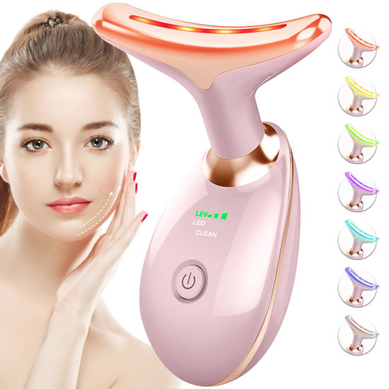 Picture of SDKWDH Red-Light-Therapy-for-Face-and-Neck, 7 Color Face Massager Tool for Wrinkles, Double Chin, Vibrating Facial Massager with Thermals for Skin Care, Glossy Pink