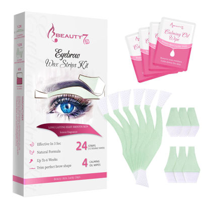 Picture of Beauty7 Facial Wax Strips Hair Removal Eyebrow Wax Strips Kit Fit Wax Strips Eyebrow Shaper at Home Waxing 24 Strips 4 Calming Oil Wipes for Sensitive All Skin Types for Women