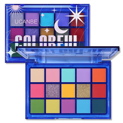 Picture of UCANBE Colorful Eyeshadow Palette, 15 Colors Vibrant Bright Shimmer Matte Metallic Neon Eye Makeup Pallet, Rainbow Green Pink Purple Orange Blue High Pigmented Sombras De Ojos Gift Kit