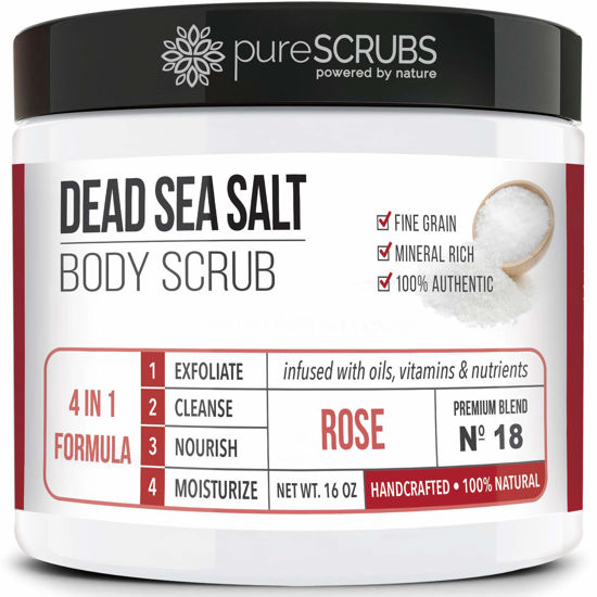 Picture of pureSCRUBS Premium Rose Body Scrub Set - Large 16oz Dead Sea Salt Body Scrub With Infused Essential Oils & Nutrients, Includes Wooden Spoon, Loofah & Oatmeal Exfoliating Bar Soap