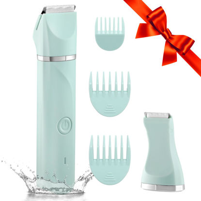 Picture of Waterproof Bikini Trimmer Women Electric Razor for Pubic Hair Women's Foil Shaver Rechargeable Shaver Removal with Snap-in Ceramic Blades IP7X Washable Head,Wet and Dry Use,Green