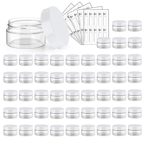 Picture of Eternal Moment 50 Pack 1 OZ Plastic Jars Round Clear Cosmetic Container Jars with White Lids, Plastic Slime Jars for Lotion, Cream, Ointments, Makeup, Eye shadow, Rhinestone, Samples, Travel Storage