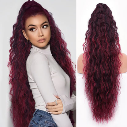 Picture of ORSUNCER Ponytail Extension Claw 30" Curly Pony Tail Clip in Claw Hair Extensions Fluffy Natural Looking Synthetic Hairpiece for Women Omber Burgundy