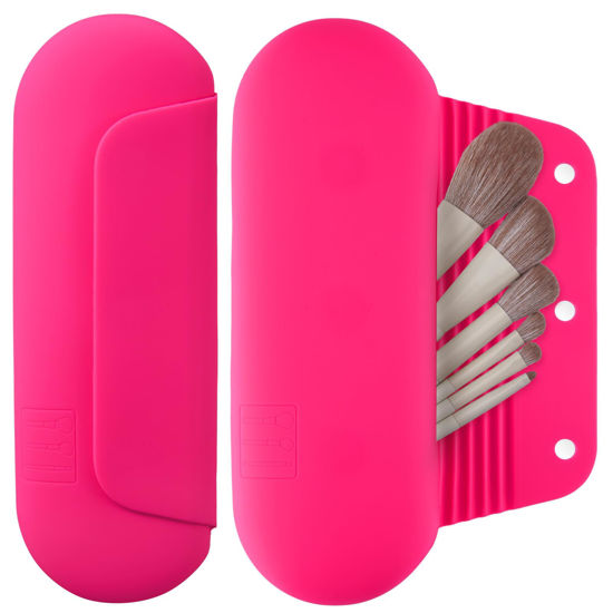 Picture of AGIKET Silicone Makeup Brush Holder Travel Cosmetic Bag：Soft Portable Cosmetic Face Brushes Holder with Upgrade Anti-Fall Out Magnetic Closure, Large Travel Makeup Brush Case - Babbie Pink