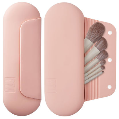 Picture of AGIKET Silicone Makeup Brush Holder Travel Cosmetic Bag：Soft Portable Cosmetic Face Brushes Holder with Upgrade Anti-Fall Out Magnetic Closure, Large Travel Makeup Brush Case - Pink Sand