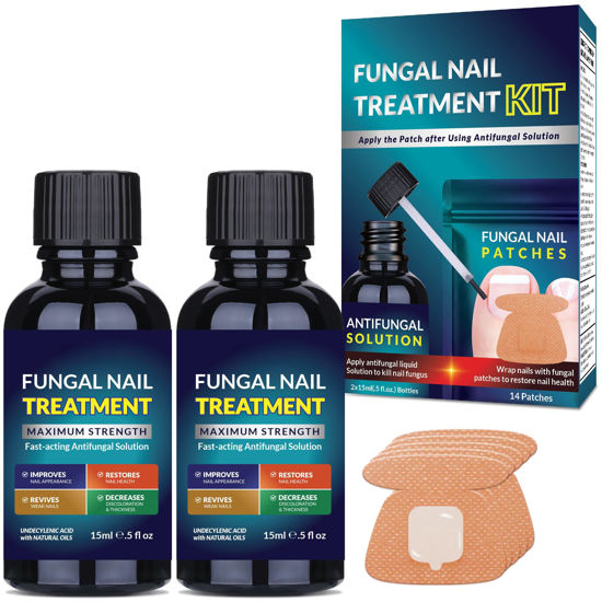 Picture of Toenail Fungus Treatment Extra Strength Kit: Nail Repair Liquid Solution and Patches - Nighttime Nail Patches Renewal - Fast Acting Drops with Undecylenic Acid, Natural Oil for Toe Finger Nails
