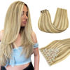 Picture of DOORES Seamless Clip in Hair Extensions, Light Blonde Highlighted Golden Blonde 130g 9pcs 14 Inch Virgin Human Hair Clip in Extensions, Invisible Edge Clip in Hair Extensions
