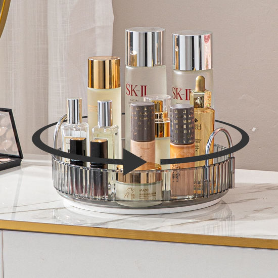 Picture of shuang qing Lazy Susan Rotating Makeup Organizer for Vanity, High-Capacity Skincare Clear Make Up Storage Perfume Organizers Cosmetic Dresser Organizer Countertop 360 Spinning（1 Tier-Grey）