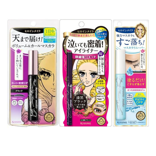 Picture of HEROINE MAKE by KISSME Trio Set, 3 Full-Size, Waterproof Volumizing Mascara Black,Long-lasting + Smooth Liquid Black Eyeliner, Smudge-free + Gentle Eye Makeup Remover for Waterproof Mascara
