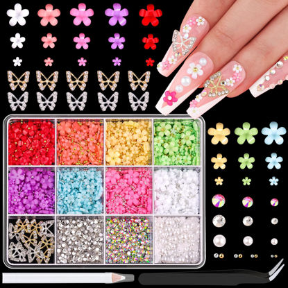 Picture of 3D Nail Charms and Gems Set 11, 10PCS Gold and Silver Chunky Butterfly Nail Charms with Rhinestones, 3D Flowers for Nails, Flatback Crystals and Pearls + Picker Tool for Y2K Nail Decoration