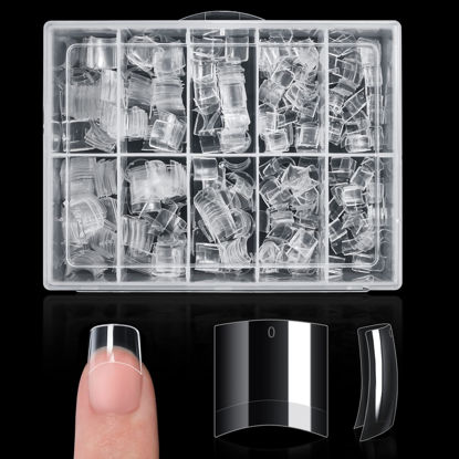 Picture of Buqikma 500PCS Short Nail Tips for Acrylic Nails - Clear False Short Artificial Tips for Manicure with Box（Pink Box with Tips）