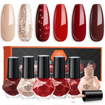 Picture of modelones Nail Polish 6 Colors Red Nude Gold Glitter Nail Polish Quick Dry Burgundy Sparkle Mini Nail Polish Set Spring Valentines Day Manicure DIY Nail Art Salon Home Gift For Women Girl