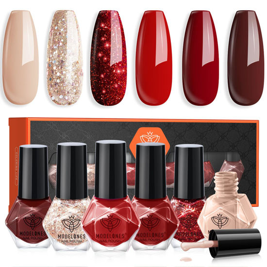 Picture of modelones Nail Polish 6 Colors Red Nude Gold Glitter Nail Polish Quick Dry Burgundy Sparkle Mini Nail Polish Set Spring Valentines Day Manicure DIY Nail Art Salon Home Gift For Women Girl