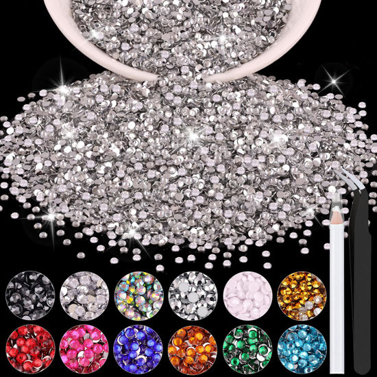 Picture of 5000PCS 2mm Resin Rhinestones in Bulk (Clear), Bedazzling Flatback Crystals for Crafts DIY Nail Decoration, Gems Charms for Tumbler Shoes Clothing Fabric with Pickup Pen and Tweezers