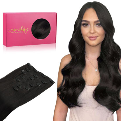 Picture of WENNALIFE Clip in Human Hair Extensions, 14 Inch 120g 7pcs Natural Black Hair Extensions Clip In Human Hair Short Straight Remy Clip in Hair Extensions Real Human Hair Double Weft
