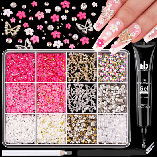 Picture of 3D Nail Charms and Gems Set 2 with Rhinestone Glue, 20PCS Gold and Silver Chunky Butterfly Nail Charms, 3D Flowers for Nails, Flatback Crystals and Pearls + Diamonds + Picker Tool for Y2K Nail Decor
