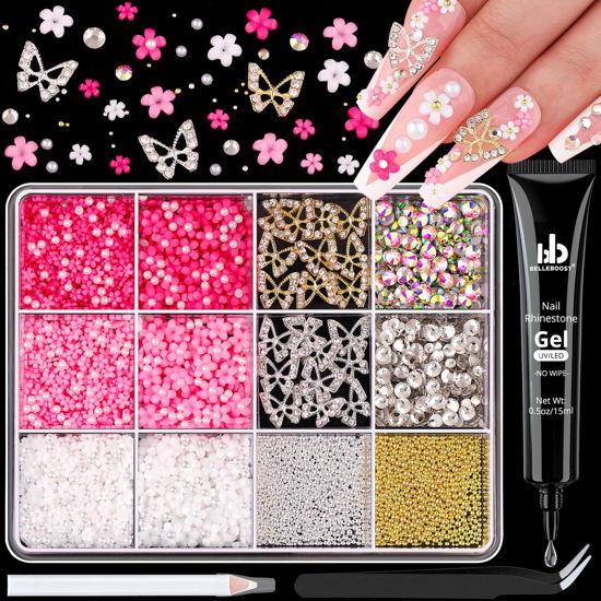 Picture of 3D Nail Charms and Gems Set 4 with Rhinestone Glue, 20PCS Gold and Silver Chunky Butterfly Nail Charms, 3D Flowers for Nails, Crystal and Pearls + Metal Caviar Beads + Picker Tool for Y2K Nail Decor