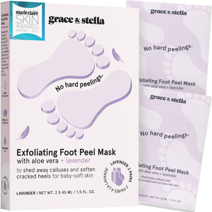 Picture of grace & stella Award-Winning Foot Peel Mask (2 Pairs, Lavender) - Foot Peeling Mask with Aloe Vera - Moisturizing Foot Mask for Dry Cracked Feet - Foot Exfoliator for Baby Soft Feet