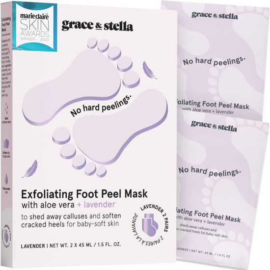 Picture of grace & stella Award-Winning Foot Peel Mask (2 Pairs, Lavender) - Foot Peeling Mask with Aloe Vera - Moisturizing Foot Mask for Dry Cracked Feet - Foot Exfoliator for Baby Soft Feet
