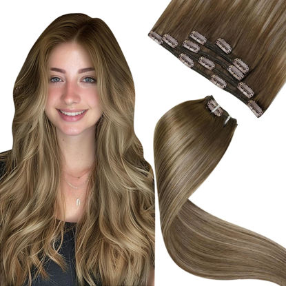 Picture of LaaVoo Clip in Hair Extensions Real Human Hair Light Brown To Golden Blonde Balayage Real Human Hair Clip ins Brown Balayage Clip in Extensions Natural Straight 20Inch 5pcs 80g