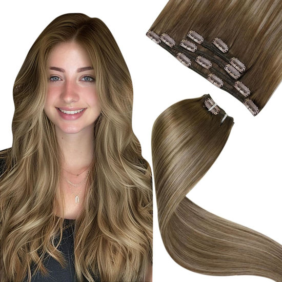 Picture of LaaVoo Clip in Hair Extensions Real Human Hair Light Brown To Golden Blonde Balayage Real Human Hair Clip ins Brown Balayage Clip in Extensions Natural Straight 20Inch 5pcs 80g