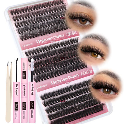 Picture of Focipeysa Lash Extension Kit 300pcs Lash Clusters Fluffy Eyelash Extension 60D 70D 80D Eyelash Clusters 9-16mm DIY Lash Extensions Kit with Waterproof Lash Bond and Seal and Lash Tweezers